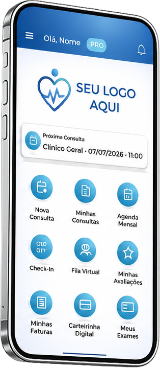 Aplicativo do Sistema Gestor Centro Médico exibido em um smartphone.