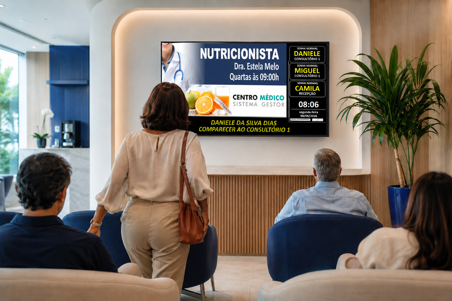 Paciente se levantando na sala de espera ao ser chamada pelo painel na TV.