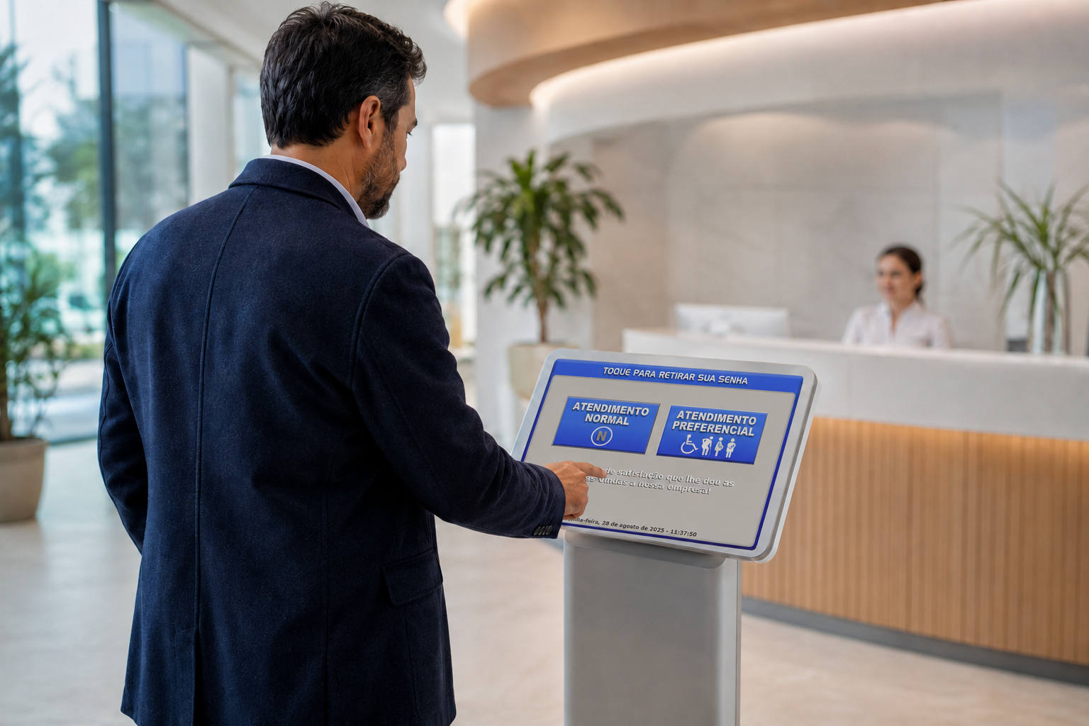 Paciente retirando a senha no totem de autoatendimento da recepção.
